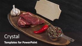  Presentation with name plate - Amazing presentation theme having fresh raw beef piece fillet on middle size wooden plate with pepper and peppercorns in measuring spoon with name plate space for text on black background backdrop and a tawny brown colored foreground