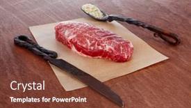  Presentation with table salt - Beautiful presentation featuring fresh raw beef rib eye steak on walnut table with salt spice and black iron antique forged cutlery fork knife backdrop and a tawny brown colored foreground