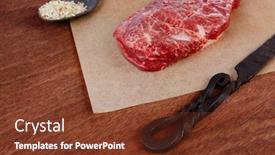  Presentation with table salt - Amazing PPT theme having fresh raw beef rib eye steak on walnut table with salt spice and black iron antique forged cutlery fork knife backdrop and a tawny brown colored foreground