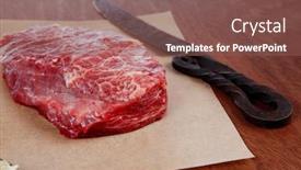  Presentation with table salt - Presentation theme having fresh raw beef rib eye steak on walnut table with salt spice and black iron antique forged cutlery fork knife background and a violet colored foreground