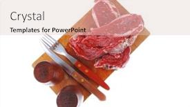  Presentation with cutlery - PPT theme enhanced with fresh raw beef steak entrecote fillet ready to prepare on cut board with cutlery and castor isolated over white background background and a lemonade colored foreground