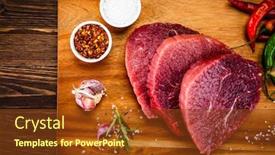  Presentation with steaks - Slide set featuring fresh raw beef steaks on cutting board background and a tawny brown colored foreground