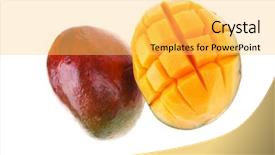  Presentation with mango - Slide deck consisting of fresh raw carved mango isolated over white background background and a yellow colored foreground