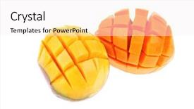  Presentation with mango - Cool new slide deck with fresh raw carved mango isolated over white background backdrop and a white colored foreground