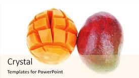  Presentation with mango - Cool new presentation theme with fresh raw carved mango isolated over white background backdrop and a blonde colored foreground