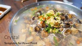  Presentation with clam - Presentation design featuring fresh-raw-clam-seafood-hotpot background and a coral colored foreground