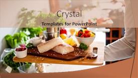  Presentation with served - Presentation theme having fresh raw cod with herbs and vegetables served on cutting board on wooden table background and a coral colored foreground