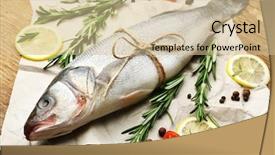  Presentation with food fish - Presentation having fresh raw fish and food background and a  colored foreground