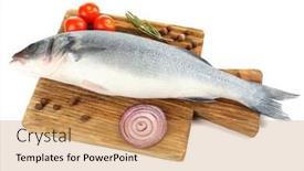  Presentation with food fish - Presentation theme having fresh raw fish on cutting board and food ingredients isolated on white background and a coral colored foreground
