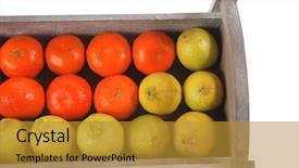  Presentation with transportation - PPT layouts with fresh raw lemon and mandarin packed in wooden box ready for transportation isolated over white background background and a gold colored foreground
