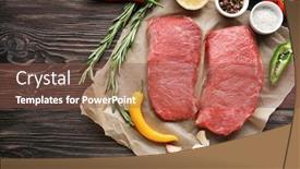  Presentation with fresh meat - Cool new presentation theme with fresh raw meat and spices on wooden table backdrop and a tawny brown colored foreground