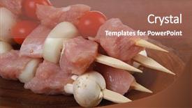  Presentation with kebab - Slide deck with fresh raw meat fillet shish kebab turkey pork pink on skewers tomatoes mushrooms on wooden kitchen plate over wood table background and a coral colored foreground