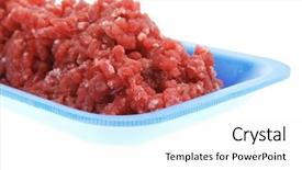  Presentation with fresh meat - Theme featuring fresh raw mince beef meat on blue tray isolated over white background background and a white colored foreground