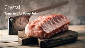  Presentation with butcher - Amazing slide deck having fresh raw pork piece on wooden board with rustic metal butcher food photography backdrop and a violet colored foreground
