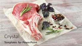  Presentation with pork rib - Colorful presentation design enhanced with fresh raw pork rib with spices on wooden table backdrop and a soft green colored foreground