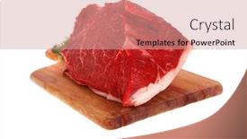  Presentation with fresh meat - Slides having fresh raw red beef meat big steak chunk on wooden cut board isolated over white background background and a coral colored foreground