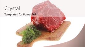  Presentation with fresh meat - Cool new slide deck with fresh raw red beef meat big steak chunk on wooden cut board isolated over white background backdrop and a sky blue colored foreground