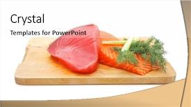 Presentation with fish tuna - Presentation theme enhanced with fresh raw salmon and red tuna fish pieces over wooden board isolated on white background background and a pink colored foreground