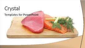  Presentation with tuna fish - Presentation theme having fresh raw salmon and red tuna fish pieces over wooden board isolated on white background background and a white colored foreground