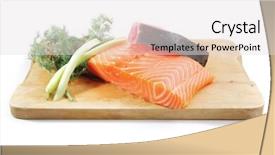  Presentation with tuna fish - Theme enhanced with fresh raw salmon and red tuna fish pieces over wooden board isolated on white background background and a light gray colored foreground