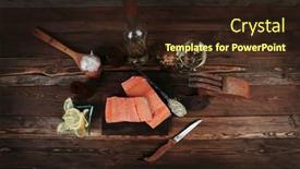  Presentation with lemon wine - Colorful slide deck enhanced with fresh raw salmon fillet served with lemon and white wine in wineglass bottle on dark plate over vintage wood table with handmade cutlery knife and spice on spoon with empty space background backdrop and a wine colored foreground