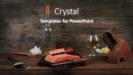  Presentation with lemon wine - Colorful PPT theme enhanced with fresh raw salmon fillet served with lemon and white wine in wineglass bottle on dark plate over vintage wood table with handmade cutlery knife and spice on spoon with empty space background backdrop and a dark gray colored foreground
