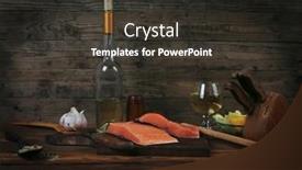  Presentation with lemon wine - Cool new theme with fresh raw salmon fillet served with lemon and white wine in wineglass bottle on dark plate over vintage wood table with handmade cutlery knife and spice on spoon with empty space background backdrop and a dark gray colored foreground