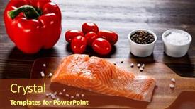  Presentation with salmon - Presentation with fresh raw salmon fillet on cutting board background and a tawny brown colored foreground