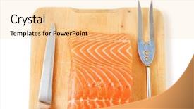  Presentation with salmon fish - Colorful presentation design enhanced with fresh raw salmon fish piece over wooden board isolated on white background backdrop and a blonde colored foreground