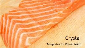  Presentation with salmon fish - Slide set with fresh raw salmon fish piece over wooden board isolated on white background background and a lemonade colored foreground