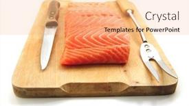  Presentation with salmon fish - Slide deck enhanced with fresh raw salmon fish piece over wooden board isolated on white background background and a coral colored foreground