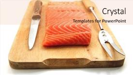  Presentation with salmon fish - Slide deck having fresh raw salmon fish piece over wooden board isolated on white background background and a coral colored foreground