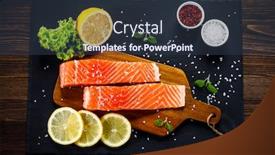  Presentation with salmon fish - Colorful presentation theme enhanced with fresh raw salmon fish served on black stone on wooden table backdrop and a tawny brown colored foreground