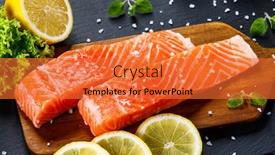  Presentation with salmon fish - Cool new slide set with fresh raw salmon fish served on black stone on wooden table backdrop and a red colored foreground