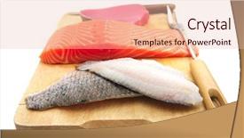  Presentation with fish tuna - Colorful PPT layouts enhanced with fresh raw salmon red tuna and sole fish pieces over wooden board isolated on white background shallow dof backdrop and a lemonade colored foreground
