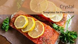  Presentation with steaks - Theme with fresh-raw-salmon-steaks background and a coral colored foreground