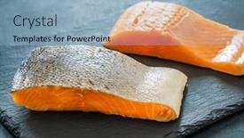  Presentation with steaks - Slides enhanced with fresh-raw-salmon-steaks background and a light blue colored foreground