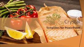  Presentation with steaks - Presentation theme consisting of fresh-raw-salmon-steaks background and a yellow colored foreground
