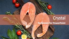  Presentation with steaks - Beautiful slide deck featuring fresh raw salmon steaks on wooden cutting board with rosemary top view backdrop and a coral colored foreground