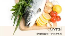  Presentation with salmon - PPT theme consisting of fresh-raw-salmon-with-vegetables background and a lemonade colored foreground