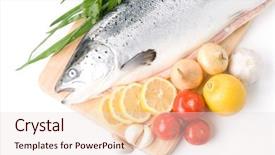  Presentation with salmon - PPT theme featuring fresh raw salmon with vegetables on a white background background and a lemonade colored foreground