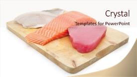  Presentation with tuna fish - Beautiful PPT theme featuring fresh raw sole salmon and red tuna fish pieces on wooden plate isolated on white background backdrop and a lemonade colored foreground