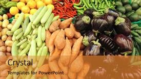  Presentation with new market - Audience pleasing theme consisting of farm table - fresh raw taste new vegetables backdrop and a gold colored foreground