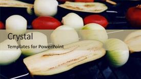  Presentation with charcoal - Amazing presentation theme having fresh raw tomatoes onion mushroom eggplant on skewers over charcoal on grid over brazier grill backdrop and a soft green colored foreground