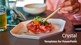  Presentation with hawaii food - PPT theme featuring fresh raw tuna dish hawaii background and a tawny brown colored foreground