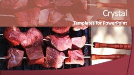  Presentation with charcoal - Slide deck having fresh raw turkey fillet steak red meat brisket on skewers barbecue brazier grid full burned charcoal background and a coral colored foreground