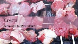  Presentation with charcoal - Colorful presentation design enhanced with fresh raw turkey fillet steak red meat brisket on skewers barbecue brazier grid full burned charcoal backdrop and a coral colored foreground