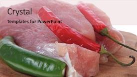  Presentation with fresh fruits and leafy greens dairy meat - Colorful presentation design enhanced with fresh raw turkey meat pieces backdrop and a coral colored foreground