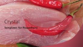  Presentation with green plate - Beautiful PPT layouts featuring fresh raw turkey meat pieces on wooden cutting plate with red and green hot chili pepper isolated over white background backdrop and a coral colored foreground