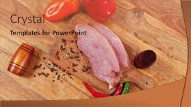  Presentation with boar - Slides with fresh raw turkey meat steak with hot sweet pepper dry spices castor and pepperbox on wood cutting boar over table background and a coral colored foreground